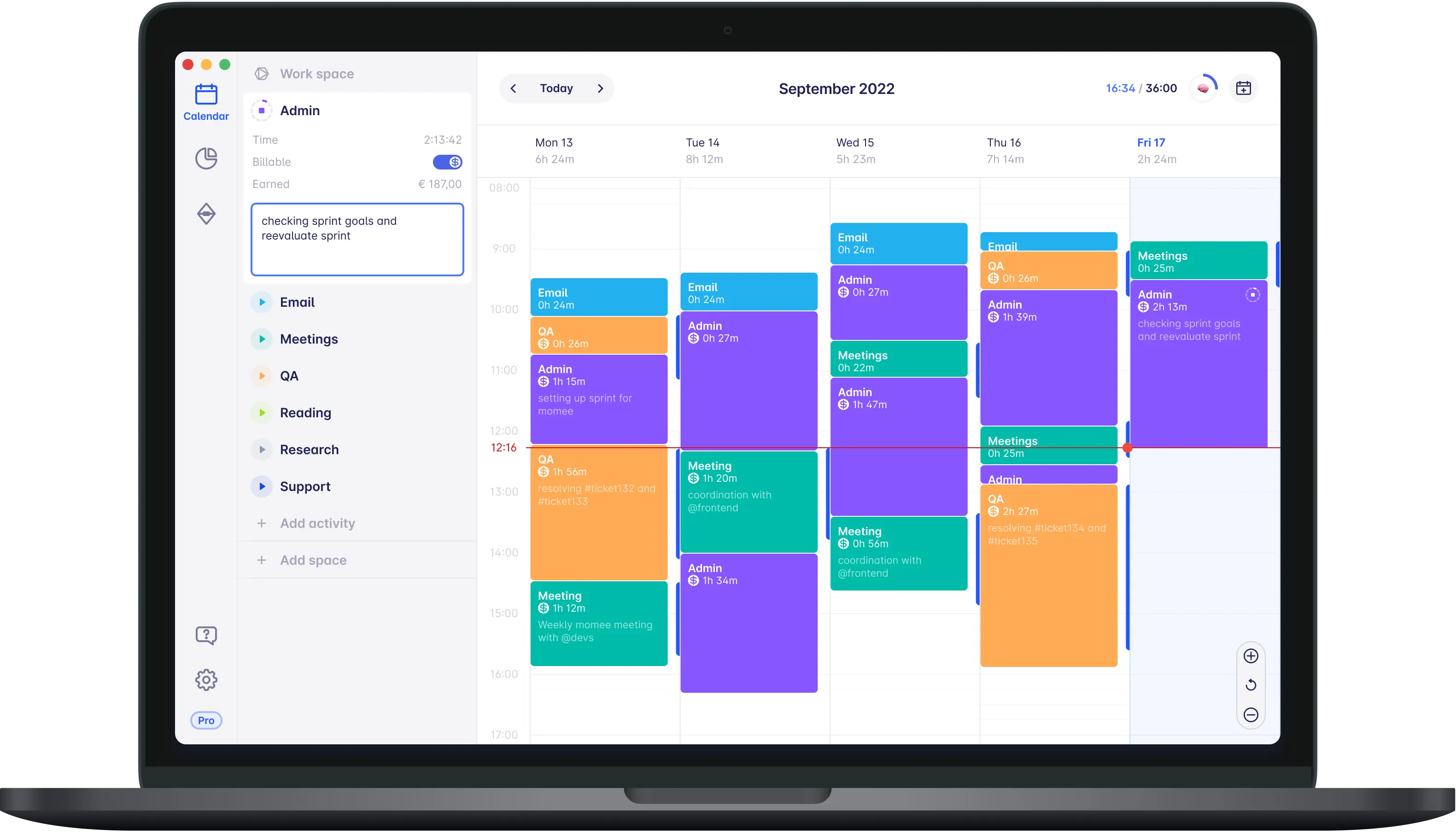 timeular time tracking software calendar view
