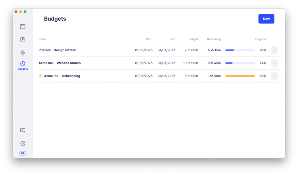 Budget tracking in Timeular