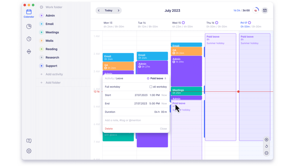 Leave tracking feature timeular