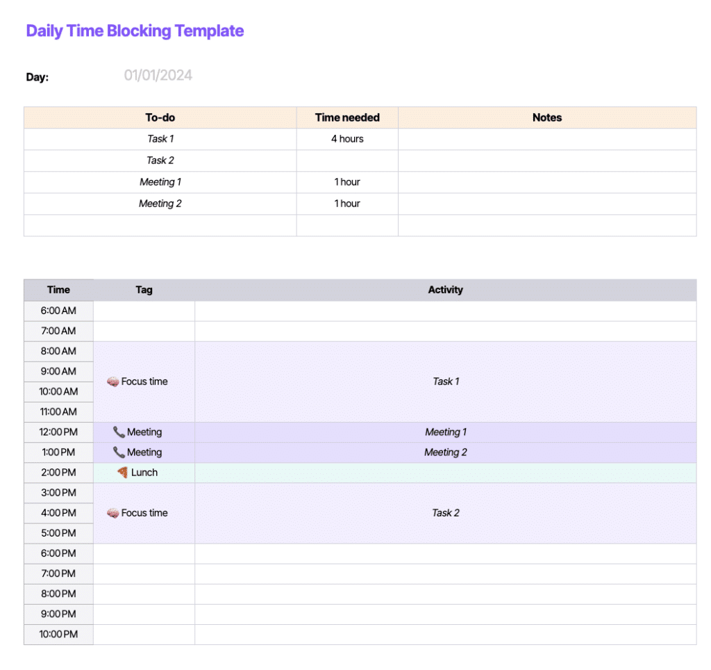 daily time blocking template