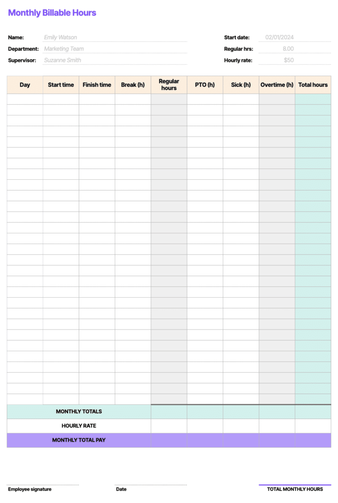 free monthly billable hours template