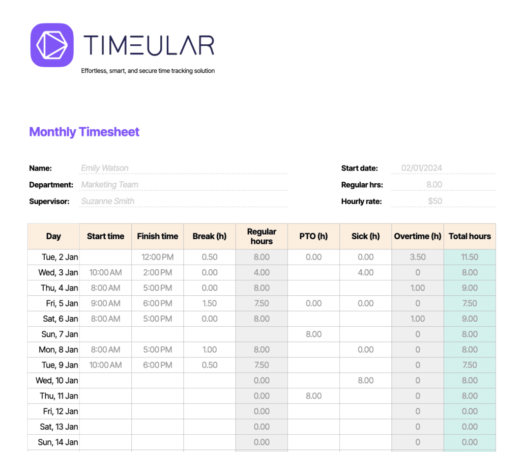 free monthly timesheet template