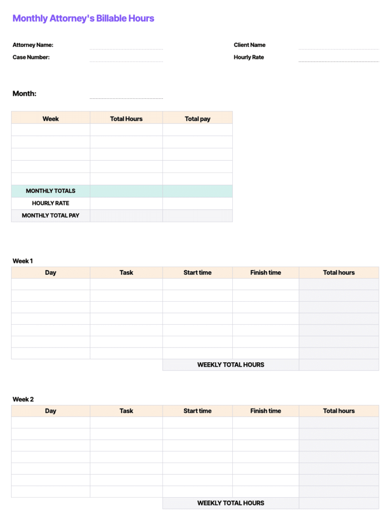 monthly attorney billable hours template