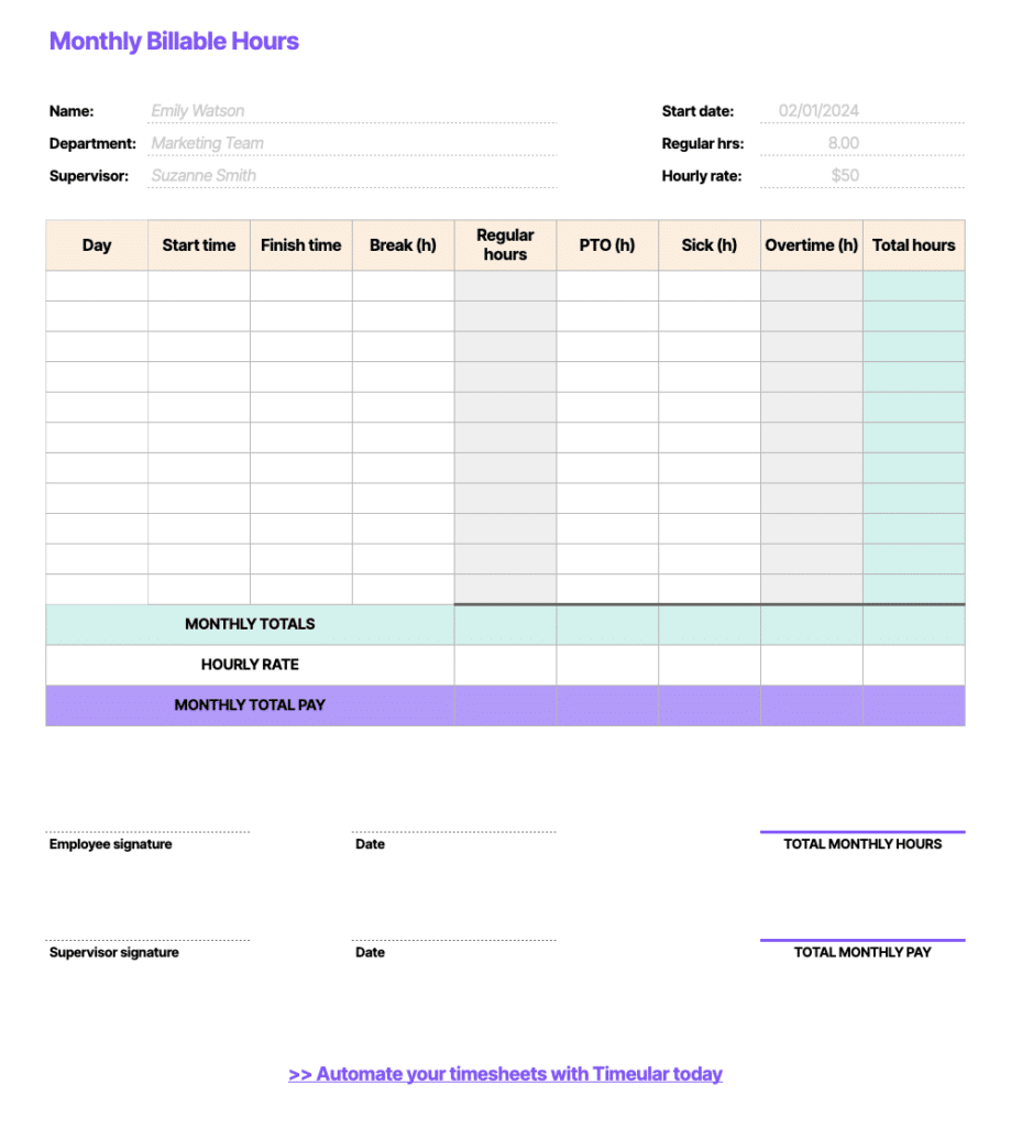 monthly billable hours template