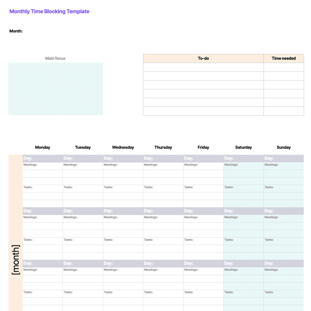 monthly time blocking template