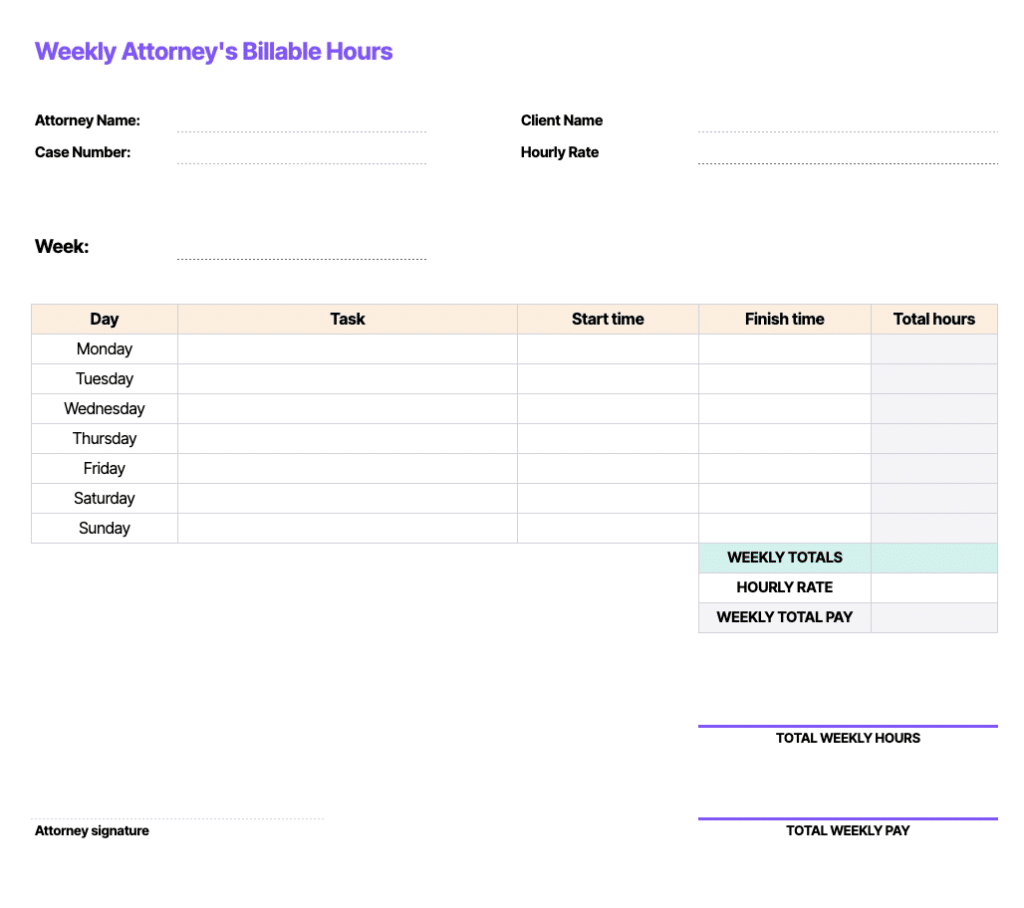 weekly attorney billable hours template
