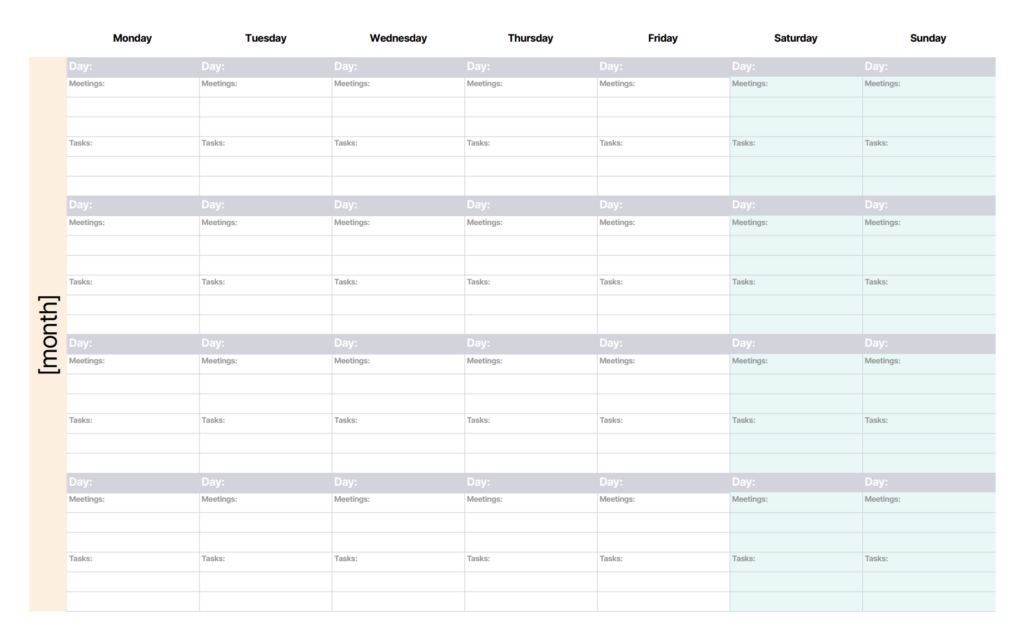 monthly work schedule template pdf